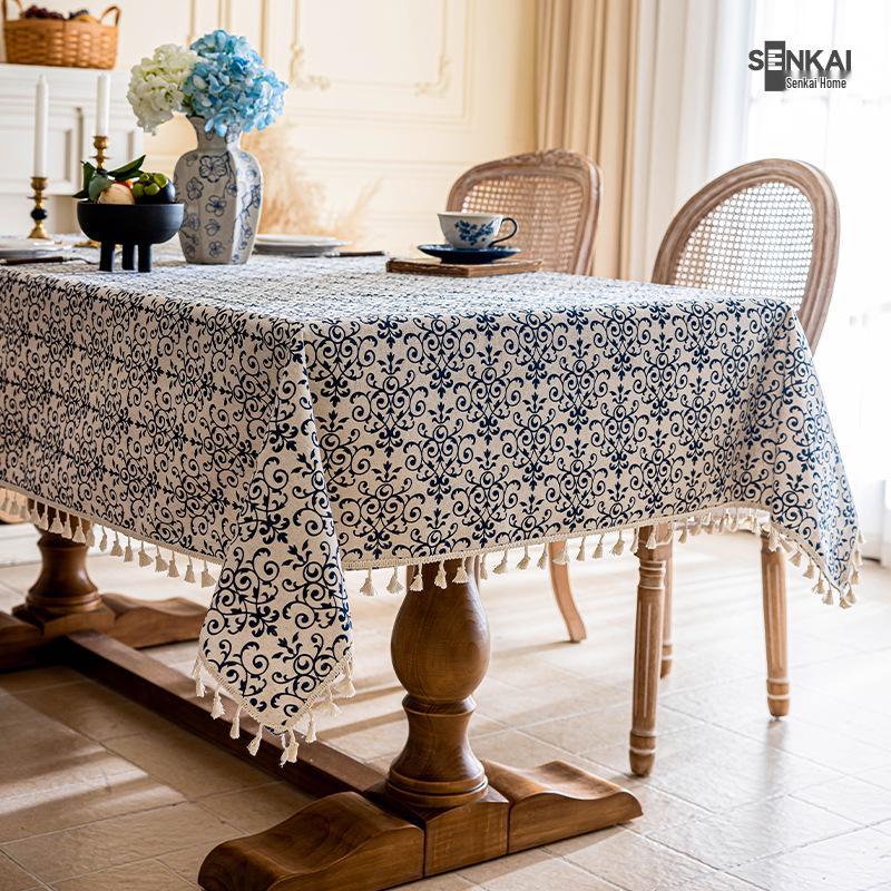 

American Retro Minimalist Blue & White Porcelain Tassel Jacquard Dustproof Rectangular Tablecloth for Coffee Tables 90x90 cm