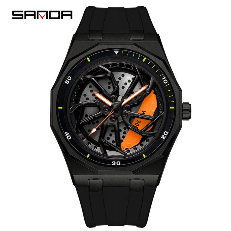 Sanda Men's Waterproof Alloy Car Wheel Design Silicone Wristwatch