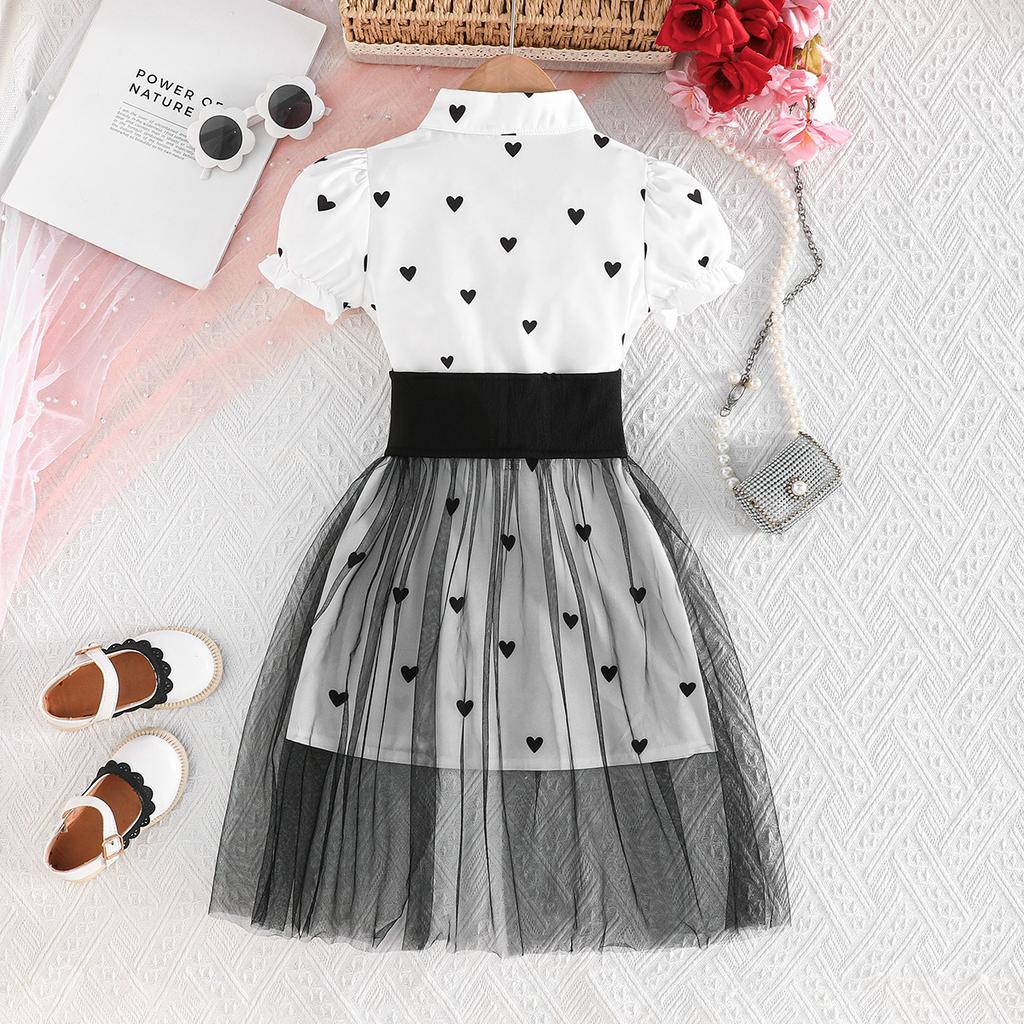 2-8Y Girls' Skirt Love Printed Princess Skirt Mesh Flying Sleeves Puffy Skirt Sweet Fashion Long Skirt
