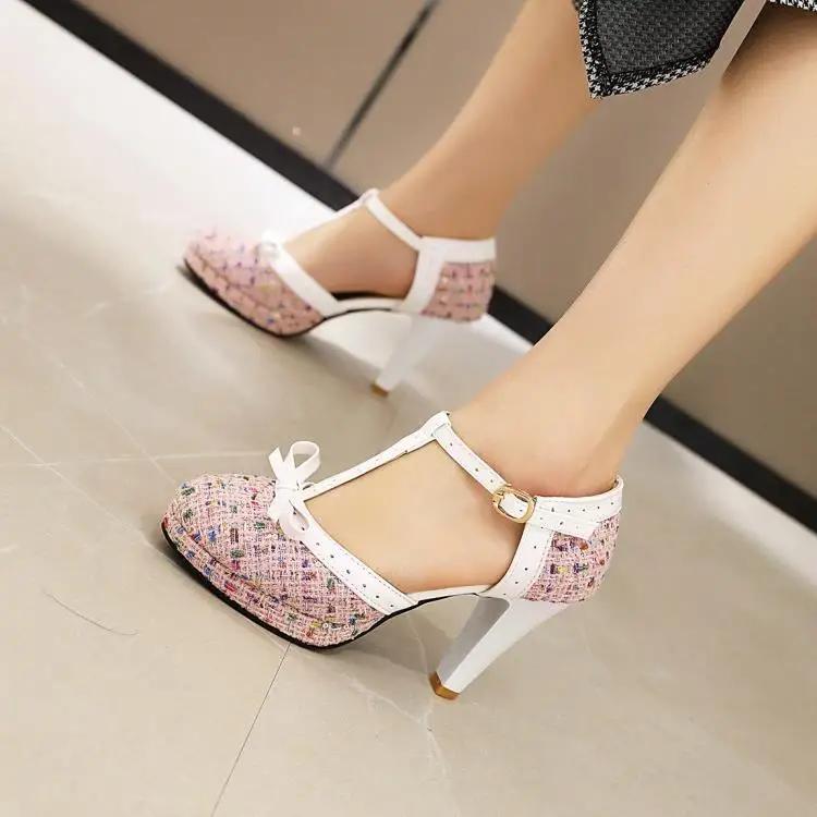 Fashion Fashion Spike Heel Women Pumps T-strap Round Toe Platform Shoes Female Buckle Strap Bowknot Party Pumps For Girlfriends