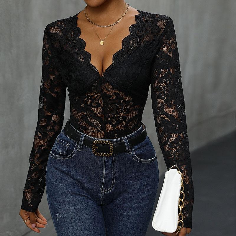 Autumn Pure Color Long-sleeved Lace Splicing One-piece Clothes Women’s Jumpsuits & Rompers