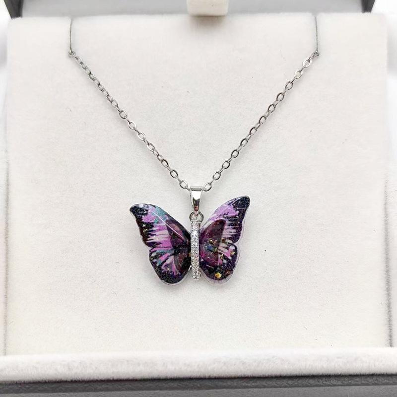 1 Pcs Fashion Fairy Color Butterfly Copper Pendant Necklace Women's Collarbone Chain Girls' Elegant Minimalist Accessories