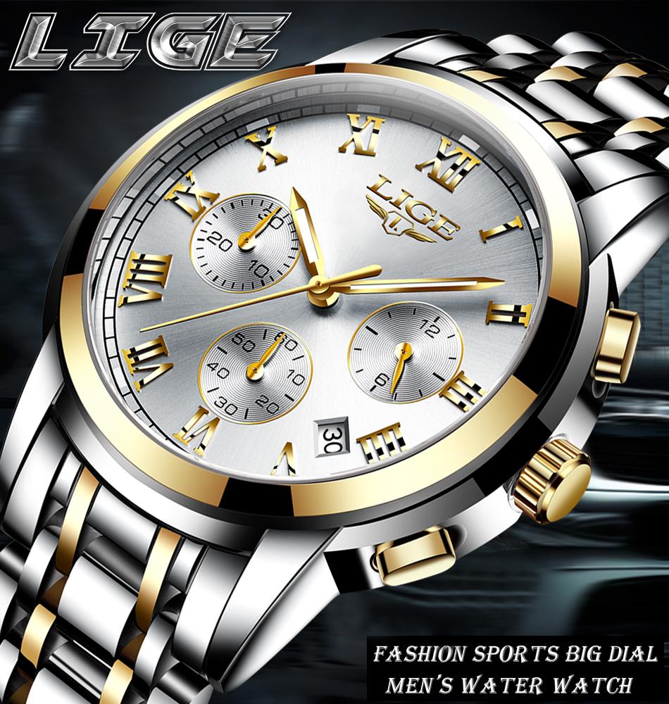 LIGE Waterproof Man Wristwatch Men's Watch Quartz Stainless Steel Band Chronograph Calendar Luxury Watches Relogio Masculino