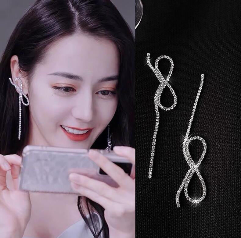 925 Silver Bowknot Tassel Earrings with Diamonds