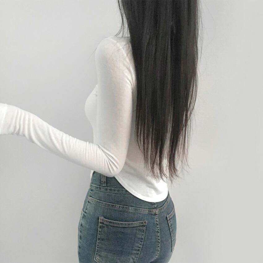 tops Women's Korean Fashion Tops Cut and Sew Long Sleeve Cropped Tight Slim Stretchy Single Color Plain Affordable Simple Feminine Casual Autumn
