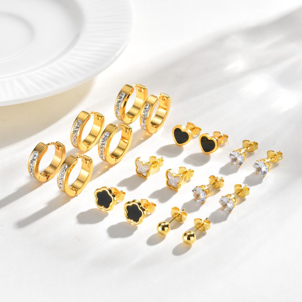 Earrings Set Gold Plated Stainless Steel Black Flower Studs CZ Hoop Earrings for Women Multiple Piercing Jewelry