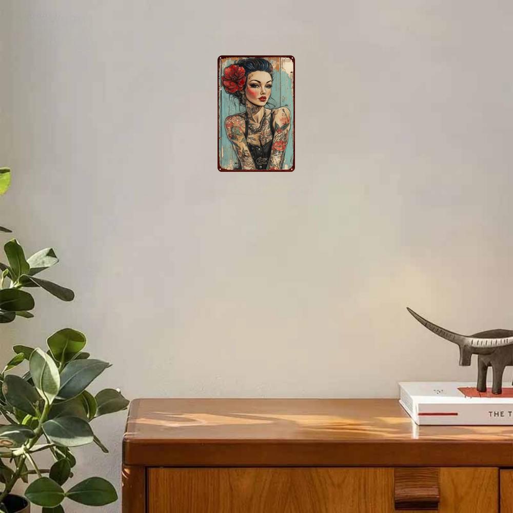 Metal Decor Painting Tattooed Woman with Red Flower