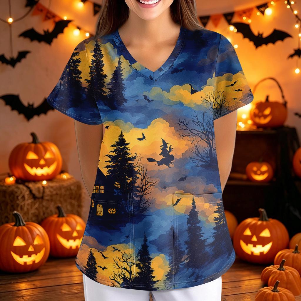 Loose Fit V Neck Short Sleeve Halloween Print Medical Scrub Top with Pockets for Women Nurses Caregivers Workwear