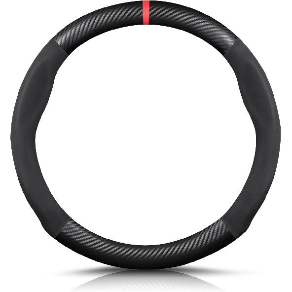 Ergocar Round Shape Carbon Fiber & Microfiber PU Leather Steering Wheel Cover Anti-Slip Car Steering Wheel Protector Breathable Sweat Absorbent Sport