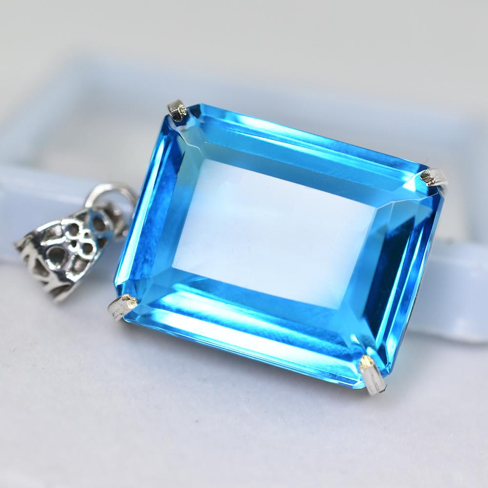 Natural Blue Topaz 91 Ct Emerald Cut 925 Sterling Silver Pendant