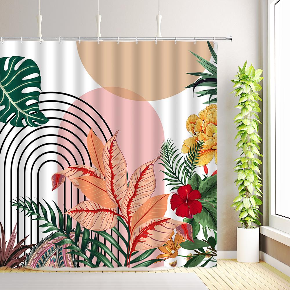 Mid Century Abstract Shower Curtain Boho Arch Sun Modern Minimalistic Plant Leaves Bathroom Decor Fabric Curtains with Hooks
