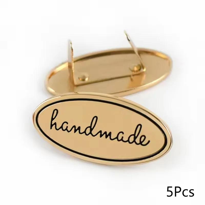 5PC Hand Made Metal Labels Gold Silver Color Craft Garment Labels Tags For Bags Purse Hand Made Letter Printed DIY Sewing Labels