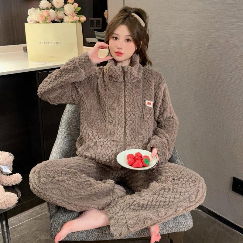 Women's Long-Haired Jacquard Pajamas - Zippered, Solid Color, Long Sleeve Coral Fleece Cardigan (Fits Up to 230 lbs).