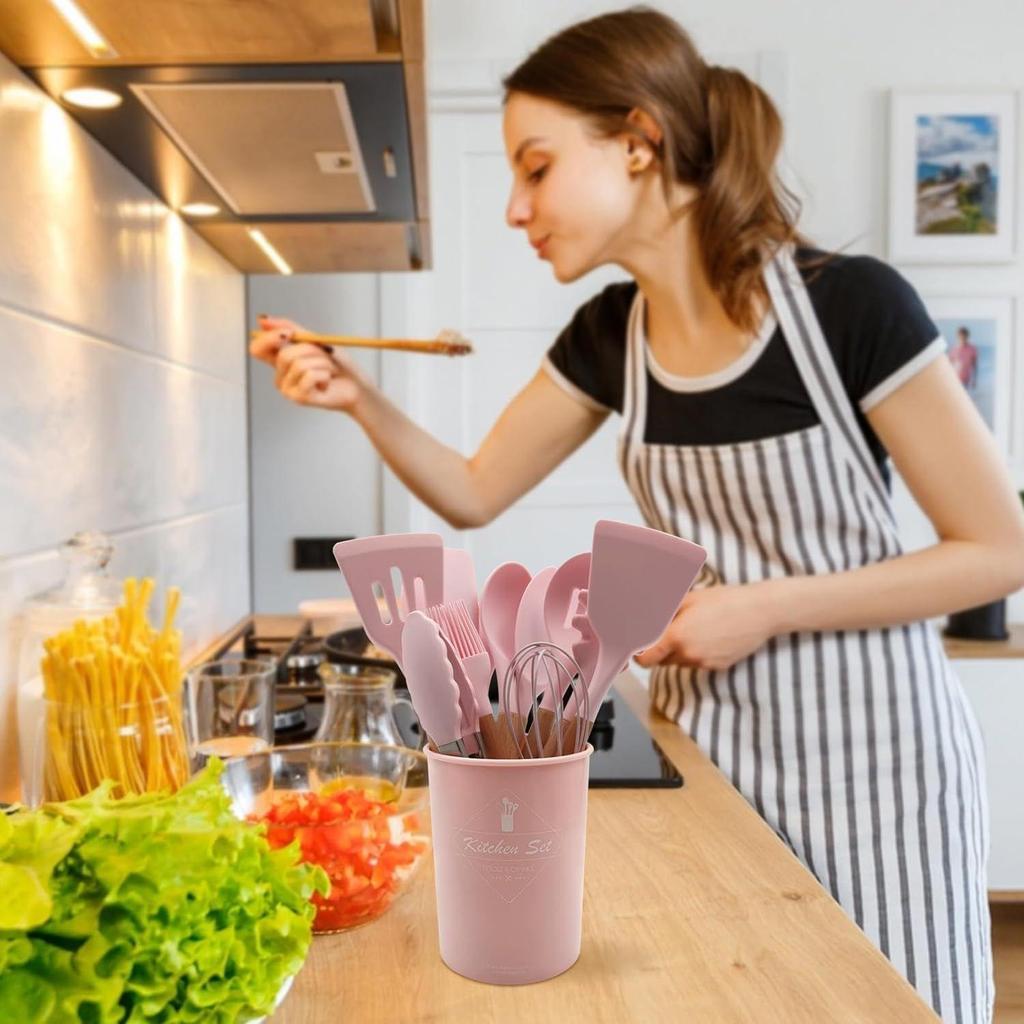 Silicone Cooking Utensils Kitchen Utensil Set, 12 PCS Wooden Handle Nontoxic BPA Free Silicone Spoon Spatula Turner Tongs Kitchen Gadgets Utensil Set