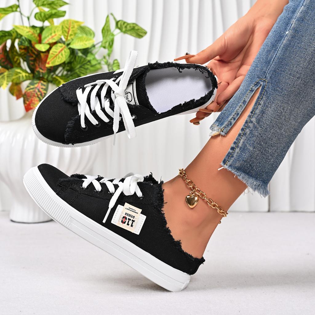 Women Mules Shoes Spring Summer Women Canvas Sneakers Low Top Denim Sneakers Ladies Lace-Up Flat Canvas Board Shoes Female