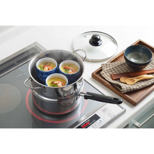 Yoshikawa SJ3357 Stainless Steel Two-Tier Steamer, 18cm, for Steamed Food, Gas and Induction Compatible