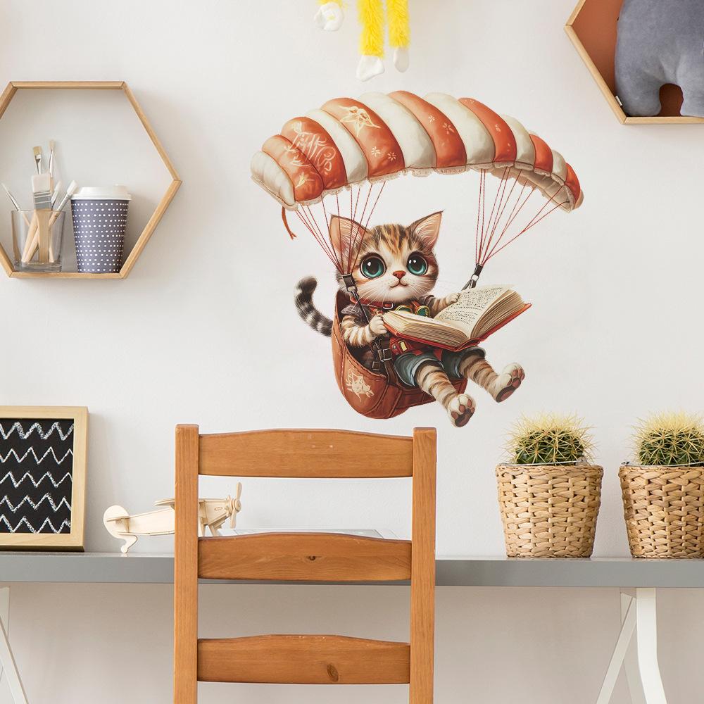 Cartoon Cute Cat Paragliding Wall Sticker Self-Adhesive Removable Bedroom Living Room Hallway Home Decor Art