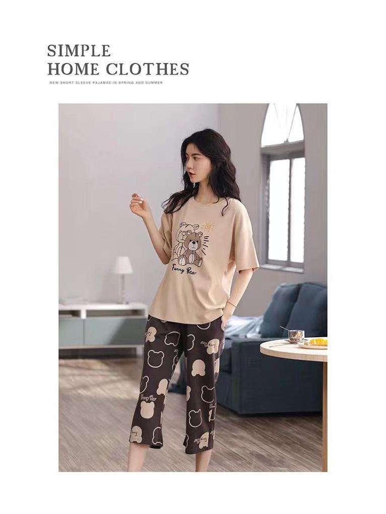 Women's Summer Korean Cartoon Pajama Set - Short-Sleeved Top with Seven-Point Pants