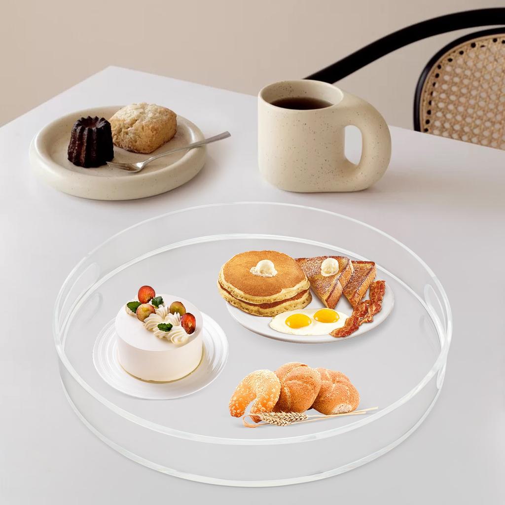 Clear Polished Acrylic Round Serving Tray with Handles, Spill-Proof & Scratch-Resistant, Freestanding Display Tray for Kitchen