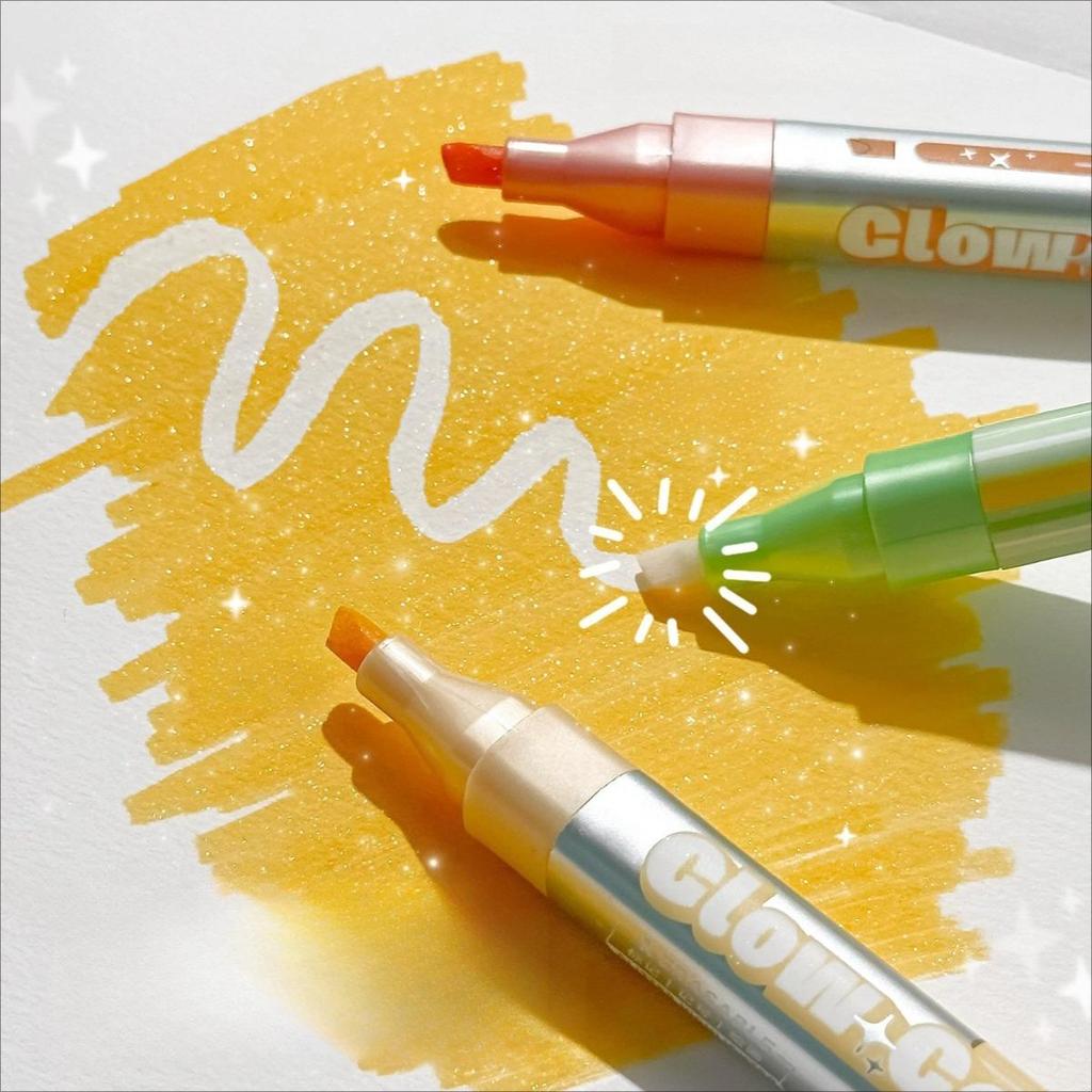 6pcs Dual-Tip Highlighters Set Erasable with Eraser & Glitter Tips Soft Highlighter for Journaling & Marking