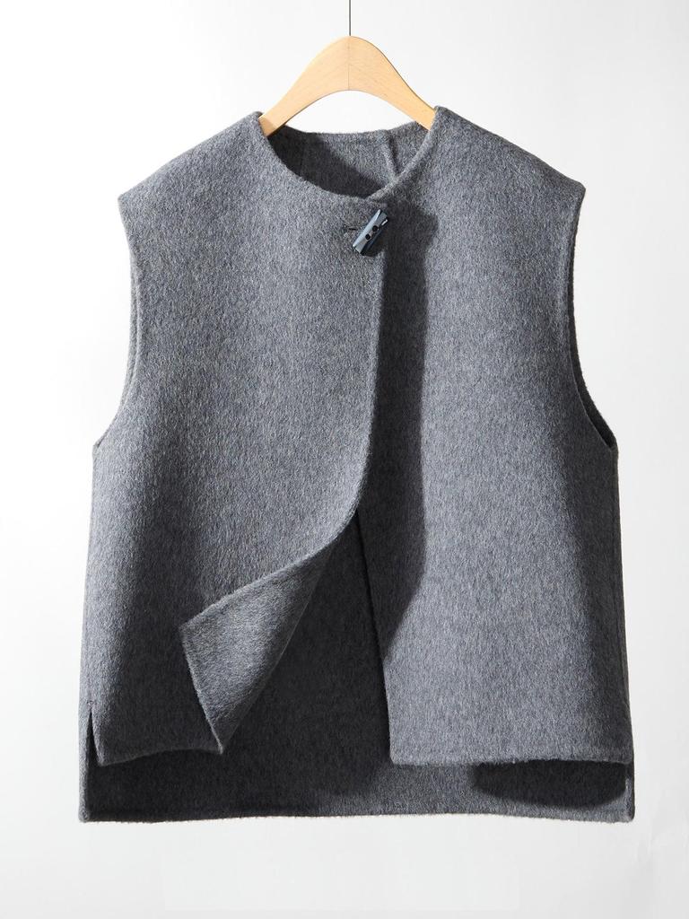Women's 2025 Asymmetrical Gray Wool Vest - Round Neck, Button-Up, Sleeveless for Spring & Autumn Fashion