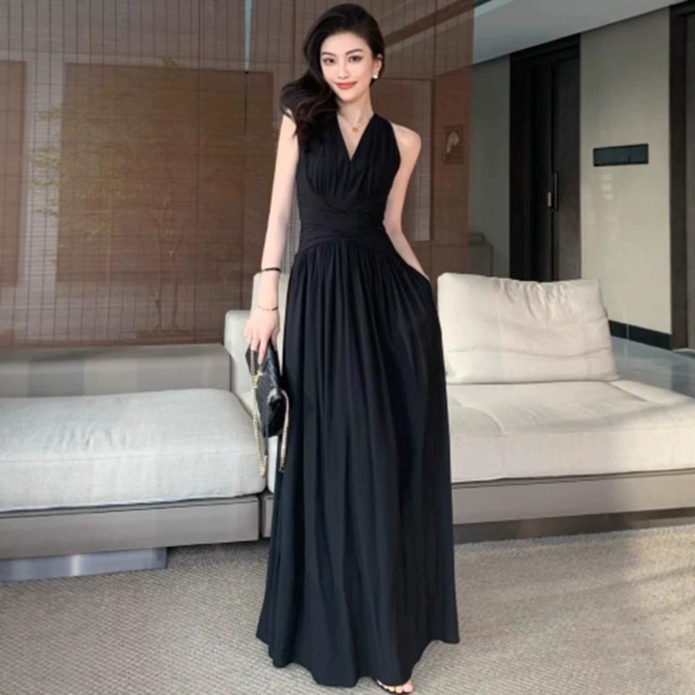 French White Sleeveless Neck V-neck Dress for Women's Summer New Beautiful Waist and Thin Big Swing Dress