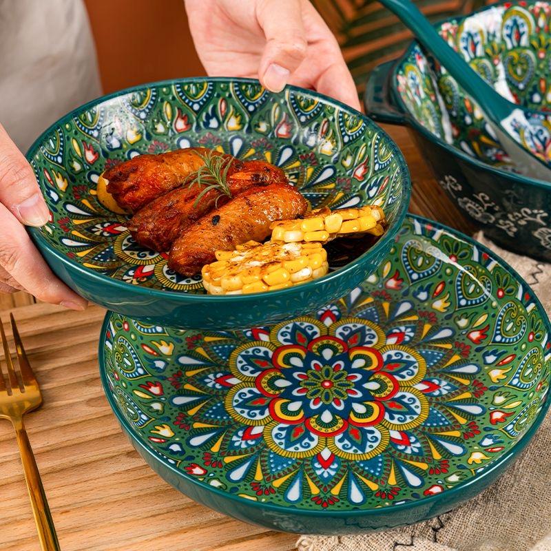 7in or 8in Bohemian Ceramic Plate High Appearance Level Home Creative Dish Plate Fruit Plate Steak Plate Deep Plate Disc Cutlery
