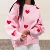 European Style Heart Embroidered Knit Pullover - Women's Round Neck, Long Sleeve, Loose Fit, Versatile Casual Top