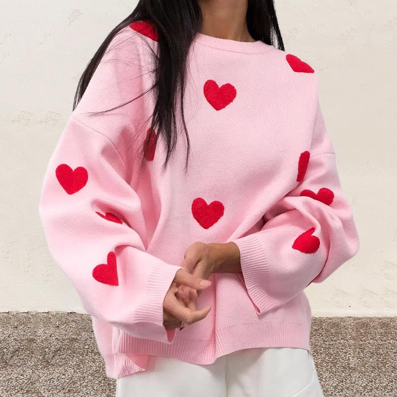 European Style Heart Embroidered Knit Pullover - Women's Round Neck, Long Sleeve, Loose Fit, Versatile Casual Top