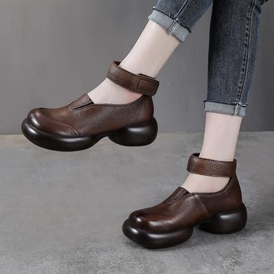Printemps et Automne Rétro Cuir Bout Rond Talons Épais Chaussures Décontractées Confortables Paresseuses pour Femmes