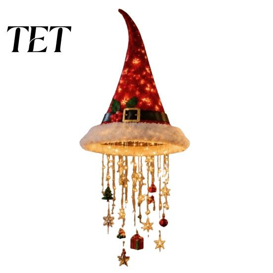 Christmas Hat Shaped Wall Decor Lighted Santa Hanging Chandelier, Warm LED String, Sequined Cone Pendant with Reusable Xmas Entrance Decorations Chime