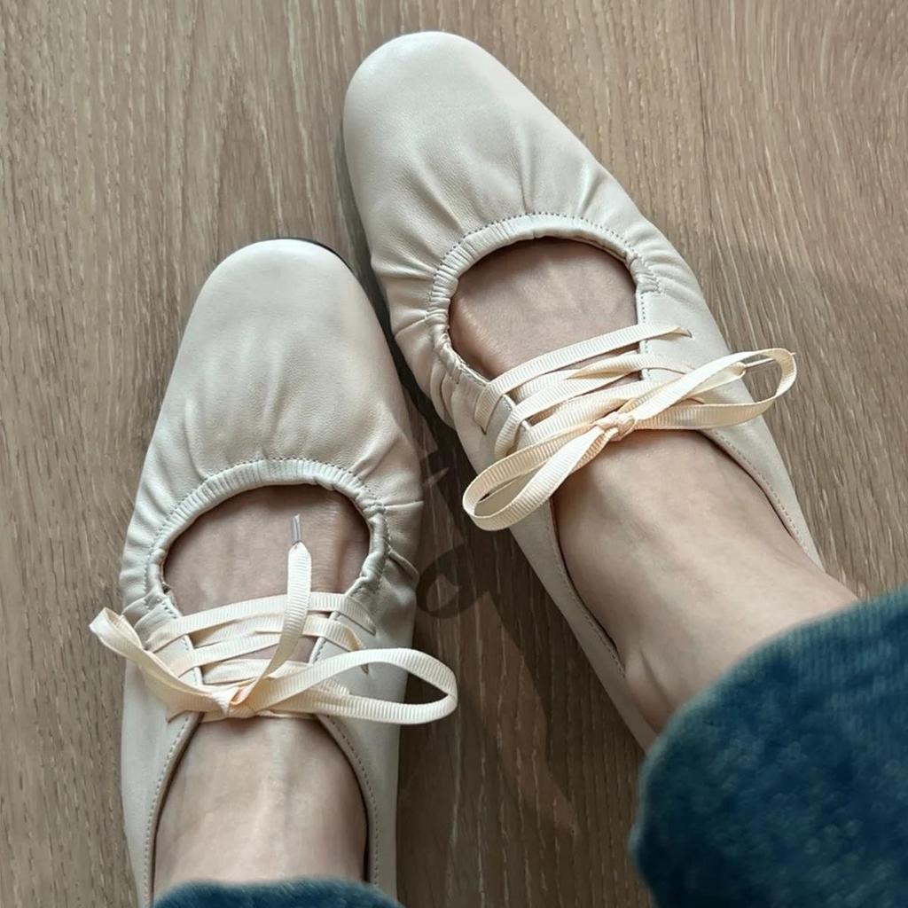 Sheepskin Version! French Square Head Single Shoes Women's Lace-up Bow Shallow Mouth Ballet Shoes Wrinkled Beautiful Mary Jane Shoes