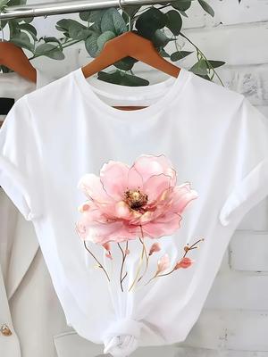 Women's Spring and Summer Clothing Pink Flower Graphic T-Shirt Round-neck Short Sleeves Harajuku Sleeve Casual Aesthetic Clothes