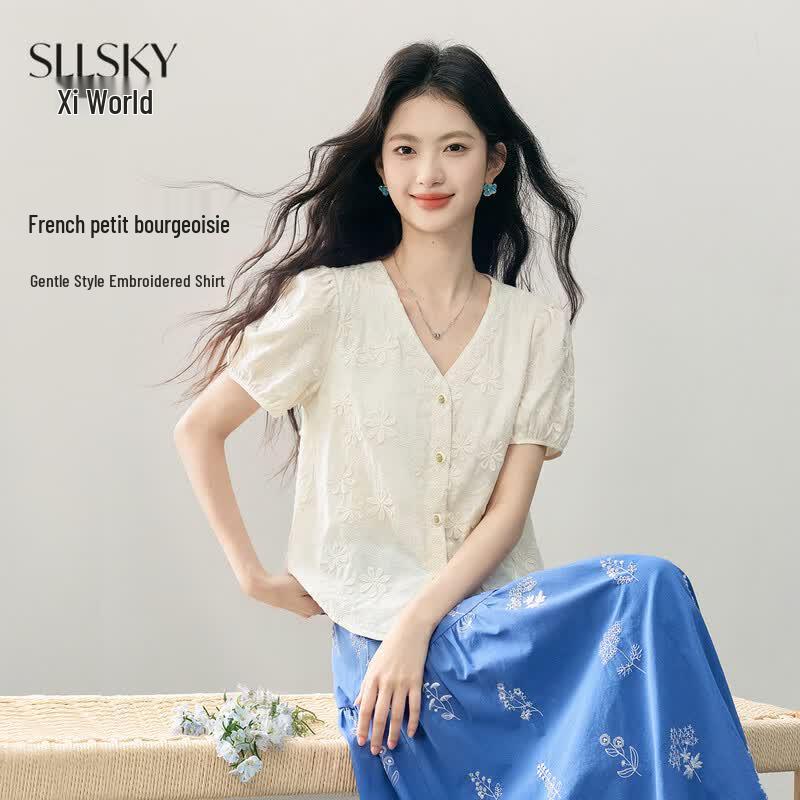 Women s French Style Embroidered V-Neck Puff Sleeve Blouse S