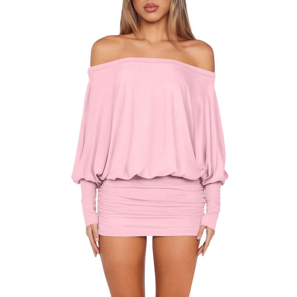 Mini Abito da Donna Scollo a Barca Manica Lunga Casual Vestibilità Larga Pullover Elasticizzato Bodycon