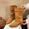 Fashion Aphixta 5cm Wooden Heel Mid-Calf Boots Women Big Size 42 Brown Westen Boot Pointed Toe Women's High Boots Botas Cowboy Mujer