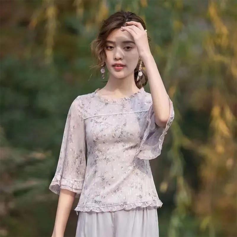 Women Summer Floral Print Ruffle Chiffon Blouse S розовый