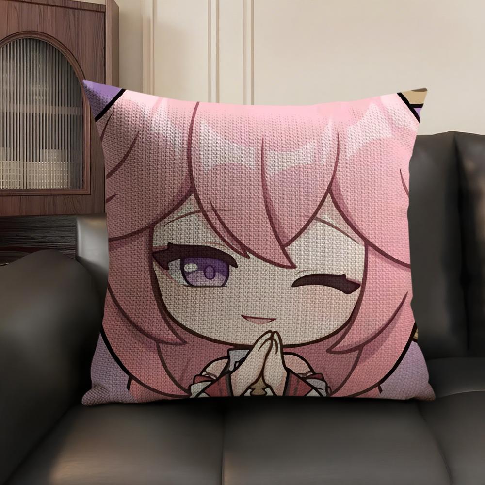 Yae Miko Cute Genshin Impact Cushion Cover Natural Linen Organic Fabric DoubleSided Printing Sofa Home Decor Gift Pillow Case
