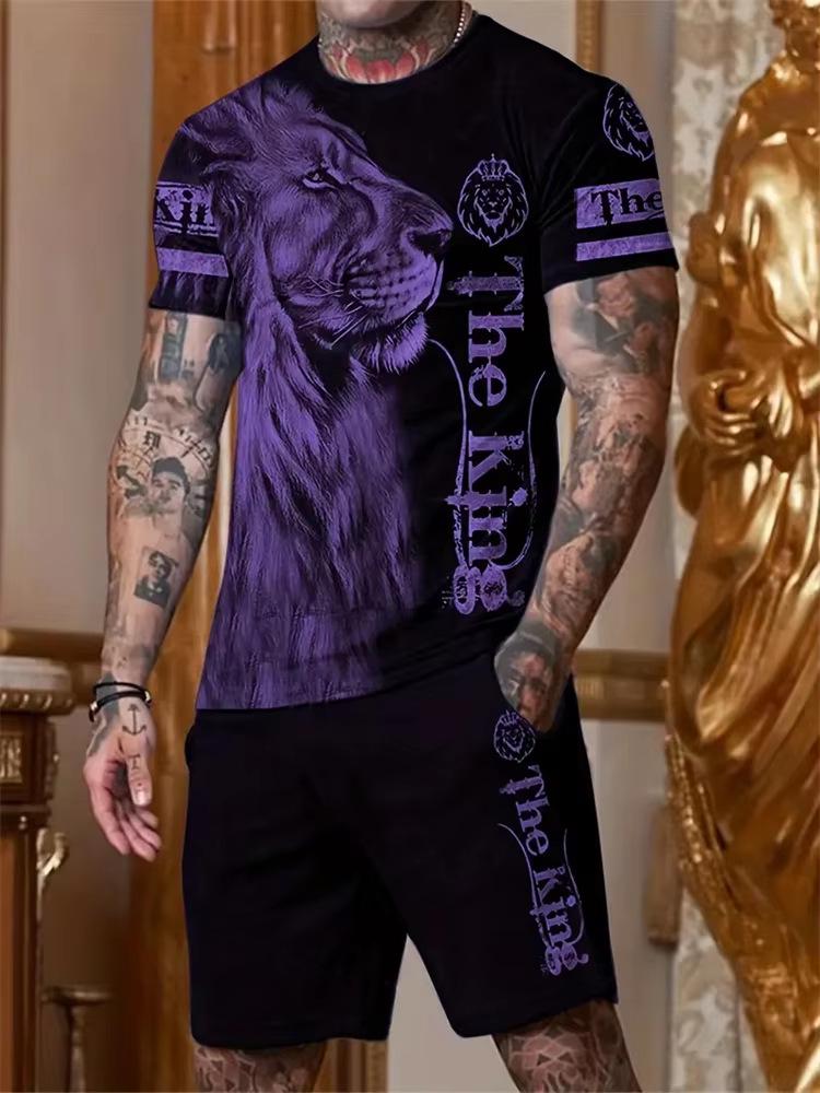 3D Printed Lion Round Neck Short Sleeve Suit - Trendy Brand