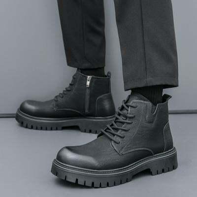 Fashion Thick Bottom Mens Black High Top Shoes Genuine Leather Ankle Boots for Men High Quality Side Zipper Motorcycle Botas Basic Boots