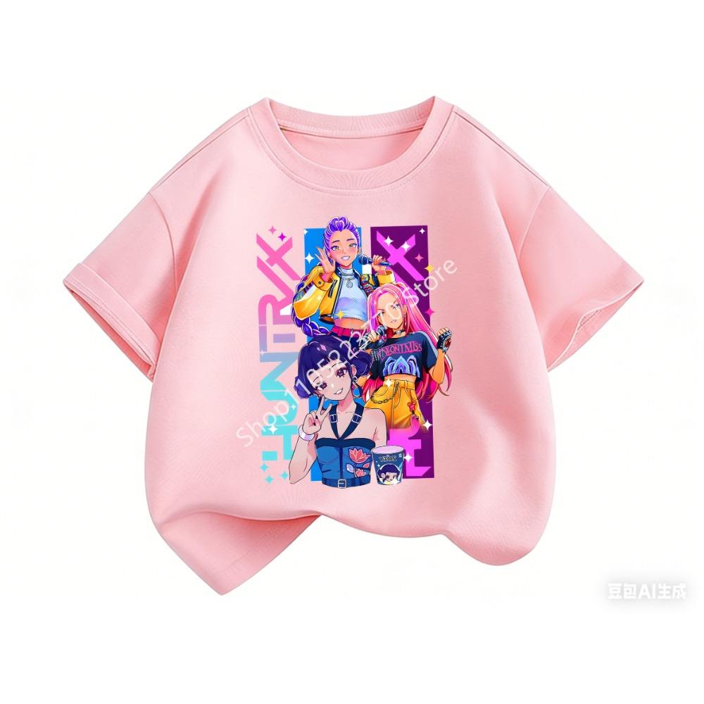2026 Fun Huntrix Kpop Dämonenjäger T-Shirt für Jungen Mädchen Fans Geschenk Sommer Rundhals Kurzarm T-Shirts Mode Kinder T-Shirt