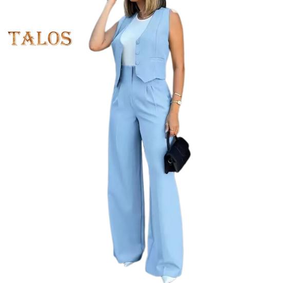 

2 шт./компл. женский жилет и брюки, комплект в деловом стиле, однобортный топ без рукавов, с высокой талией, широкие брюки, однотонные брюки OL, коммутационная одежда S