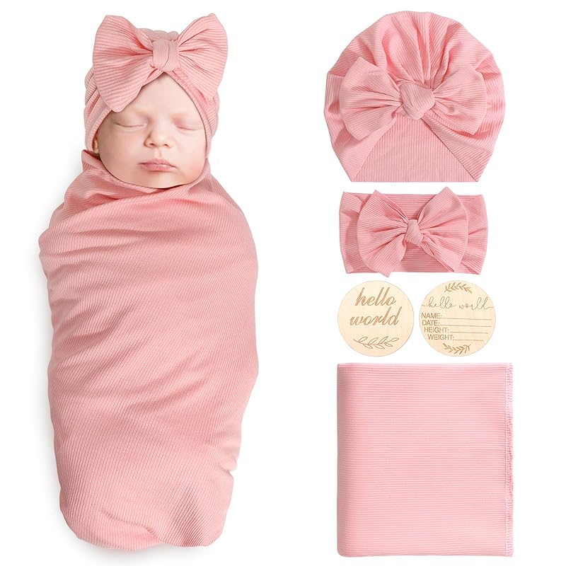 Newborn Receiving Blanket with Bow Hat Mittens Wooden Card Set Wheat-Pattern Newborns Toddler Baby Boy Girl Nursery Swaddle Wrap