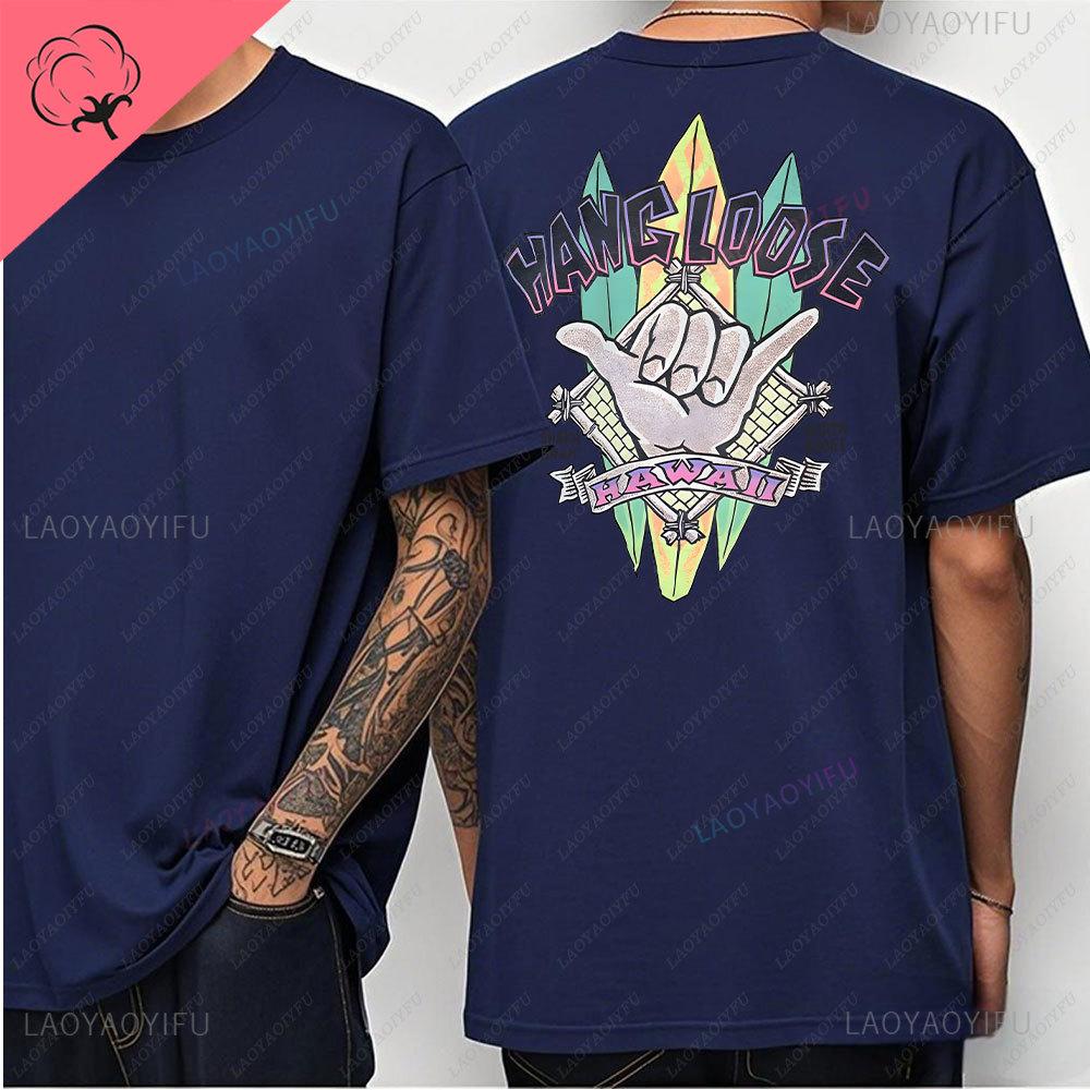 Hawaiian Style Mens Casual Tshirt Island Hanging Pine Shaka Surfboard Mens and Womens White Cotton Tee Retro Beach Surf Tops