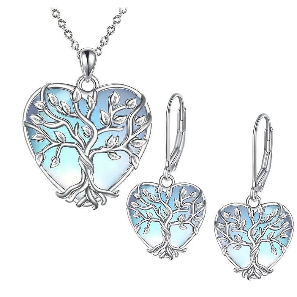 Women Jewelry Set Heart Moonstone Earrings Tree of Life Pendant Necklace Elegant Dangle Earrings for Women