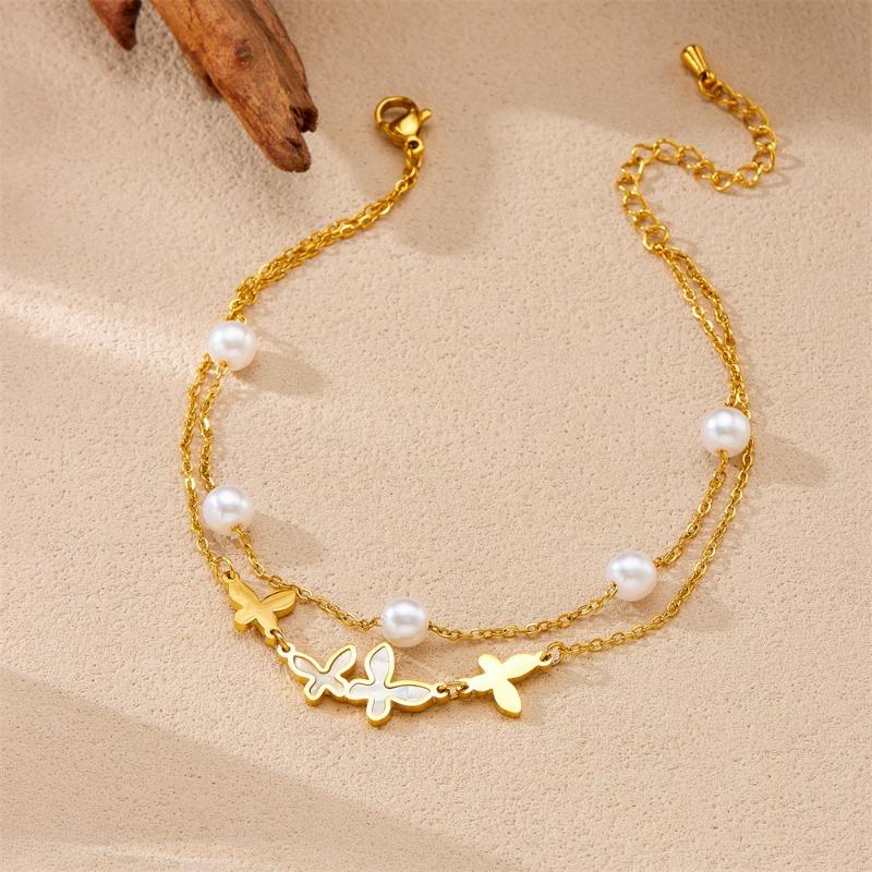 Gold Plated Butterfly Pearl Anklet for Women Double Layer Stainless Steel Foot Jewelry