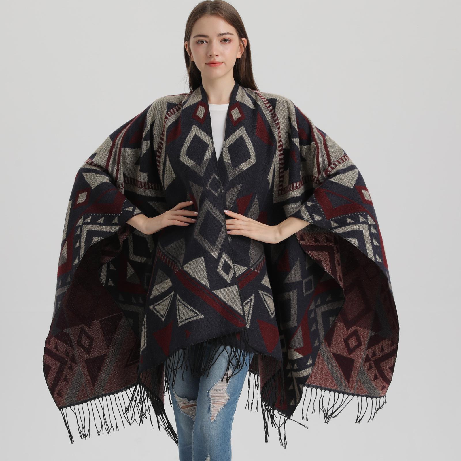 

Yunnan Ethnic Style Warm Imitation Cashmere Jacquard Shawl Cape with Tassels 130*150CM