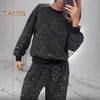 2 Pcs/Set Women Top Pants Suit Sequin Round Neck Long Sleeves with Elastic Cuffs Elastic High Waist Wide Leg Trousers Set Daily Casual Commuting