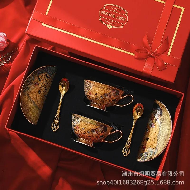 Exquisite Souvenir Bone China Coffee Cup Saucer Set Creative Water CupTea Cup European Style High-Value Tea Cup Tea Set Gift box