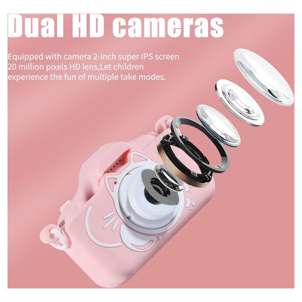 Kids Selfie Camera Christmas Birthday Gifts Girls Age 3-9 20MP Digital Cat Kitty Cameras Toddler Portable Toy 3 4 5 6 7 8 Year Old Girl 32GB SDCard